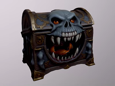 Game Movie Character Skull Treasure Chest With Open Mouth Sharp Teeth And Glowing Eyes 3d model