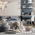 Kids Room Interior Design With Airplane Neon Light Blue White Decor Bookshelves And Toys