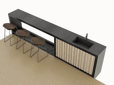 Modern Bar Counter With Dark Top Three Brown Stools And Wooden Slat Panels 3d model