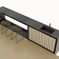 Modern Bar Counter With Dark Top Three Brown Stools And Wooden Slat Panels