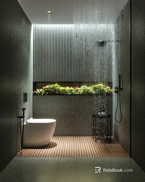 Modern Bathroom With Ribbed Wall Shower Green Plant Niche White Toilet And Wooden Flooring 3d model 