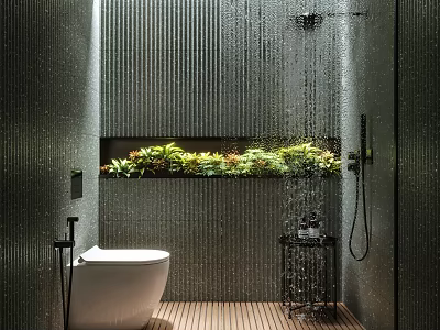 Modern Bathroom With Ribbed Wall Shower Green Plant Niche White Toilet And Wooden Flooring 3d model