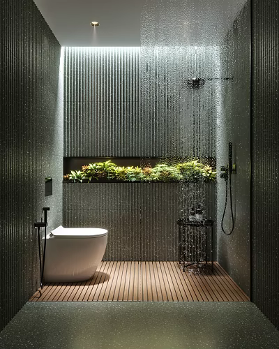 Modern Bathroom With Ribbed Wall Shower Green Plant Niche White Toilet And Wooden Flooring 3d model
