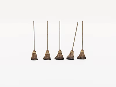 Five Traditional Brooms With Wooden Handles And Natural Bristles On White Background 3d model