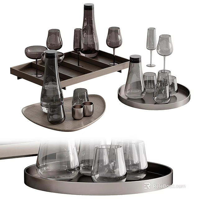 Stylish Wine Glasses And Bottles Arranged On Trays 3d model 