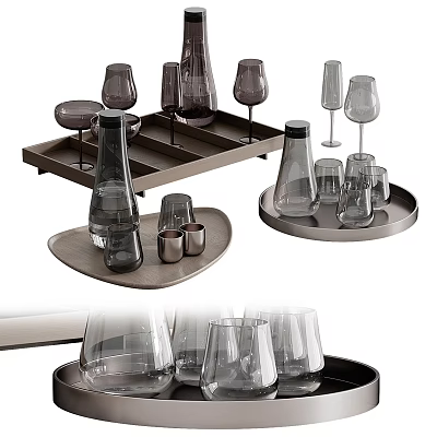 Stylish Wine Glasses And Bottles Arranged On Trays 3d model
