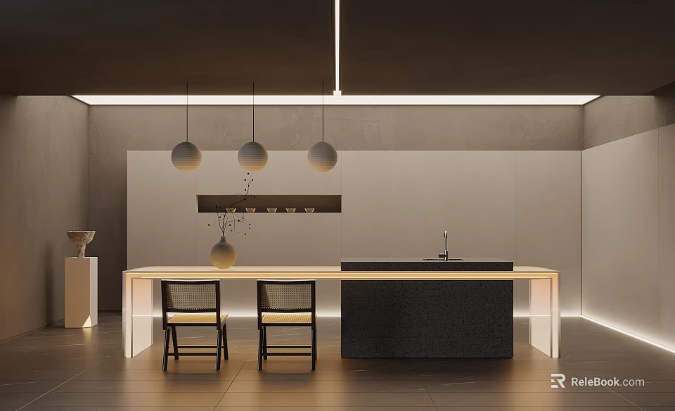 Modern Minimalist Dining Table Combination With Chairs Pendant Lights And Integrated Stylish Kitchen Island 3d model 