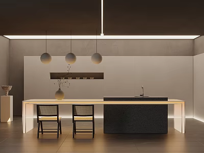 Modern Minimalist Dining Table Combination With Chairs Pendant Lights And Integrated Stylish Kitchen Island 3d model