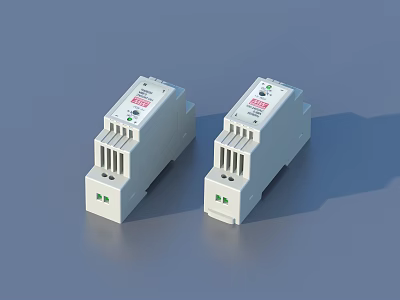 Two White Household Electrical Devices With Circuit Breaker Design Heat Sinks And Labels 3d model