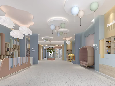 Bright Spacious Kindergarten Hall With Cloud Shaped Chandeliers Balloon Decorations Bookshelves Small Sofas Plants And Soft Colored Walls 3d model