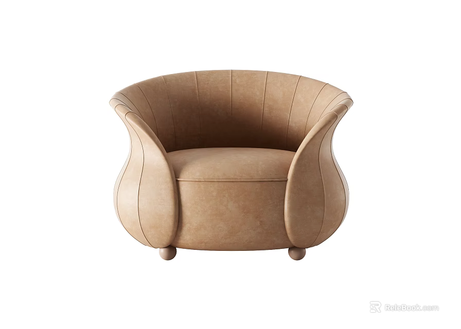 Beige Leather Single Sofa With Curved Arms And Round Legs Design 3d model 