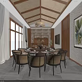 Tropical Restaurant Interior With Wooden Ceiling Chandeliers Marble Buffet Counters And Green Plants