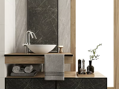 Sleek Modern Bathroom Vanity With Marble Countertop Mirror Faucet And Decorative Towels 3d model