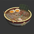 Delicious Ramen Bowl With Soft Boiled Eggs Sliced Meat Nori Chopped Scallions And Chopsticks