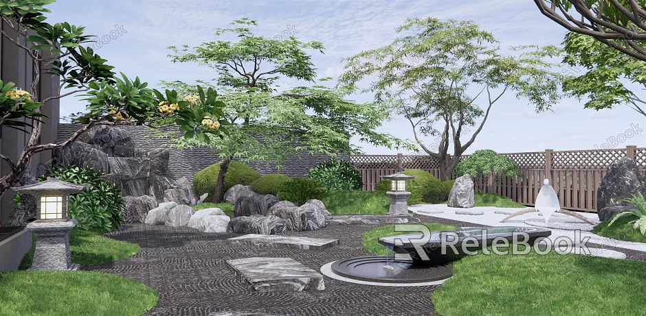 Japanese-style courtyard dry landscape courtyard landscape stone rockery waterscape landscape tree Zen landscape sketch shrub plant landscape model