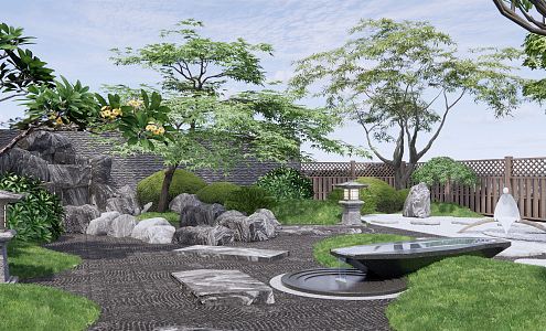 Japanese-style courtyard dry landscape courtyard landscape stone rockery waterscape landscape tree Zen landscape sketch shrub plant landscape 3d model