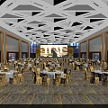 Elegant Spacious Banquet Hall With Round Tables Geometric Ceiling And Stage Setup