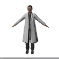 Man in White Lab Coat Standing with Arms Outstretched on White Background