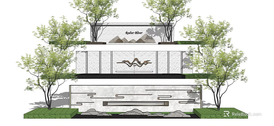 Traditional Chinese Scenic Wall With Stone Surface Trees And Mountain Pattern Design 3d model