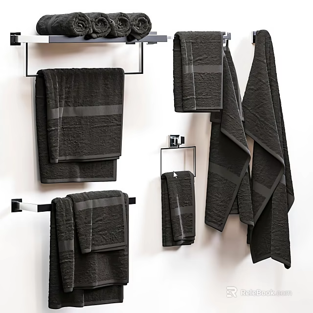 Modern Bathroom Accessories Featuring Black Towels And Wall Mounted Towel Racks 3d model 