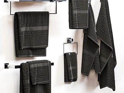 Modern Bathroom Accessories Featuring Black Towels And Wall Mounted Towel Racks 3d model