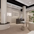 Clothing Store Exterior with Arched Entrance Window Display Mannequins White Building Street and Green Trees