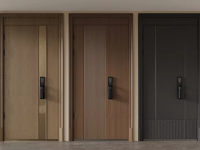 Modern Wooden Double Door Designs With Vertical Stripes And Matte Black Handles 3d model