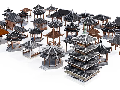 Traditional Chinese Architecture Models With Various Roof Styles And Multi Tiered Structures 3d model