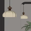 Beige Fabric Shade Pendant Lights With Wooden Finials Golden Accents Mirror And Plant
