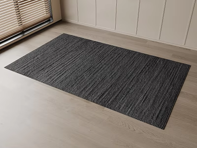 Dark Gray Striped Square Rug Placed on Light Wooden Floor with Window Blinds and Walls 3d model