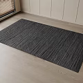 Dark Gray Striped Square Rug Placed on Light Wooden Floor with Window Blinds and Walls