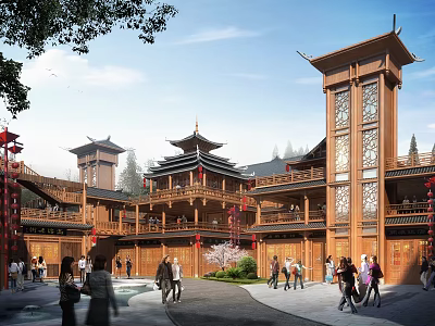 Traditional Chinese Architectural Complex With Wooden Towers Red Lanterns And People Walking 3d model