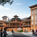 Traditional Chinese Architectural Complex With Wooden Towers Red Lanterns And People Walking
