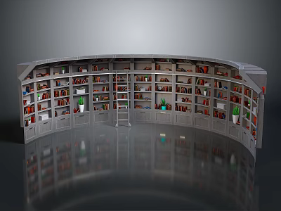 Curved Bookshelf With Multiple Layers Filled With Books And Green Plants In Indoor Living Space 3d model
