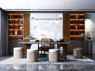 Modern Tea Room Interior With Brick Wall Marble Backdrop Pendant Lights And Tea Set Shelves 3d model
