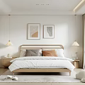 Modern Minimalist Bedroom Interior With Wooden Headboard White Linen Throw Pillows And Wall Art