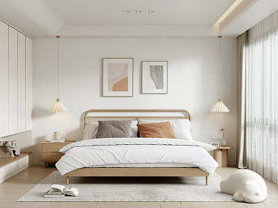 Modern Minimalist Bedroom Interior With Wooden Headboard White Linen Throw Pillows And Wall Art 3d model