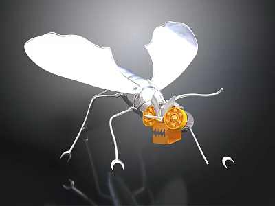 Mechanical Insect Character With Silver Wings And Yellow Gear Eyes 3d model