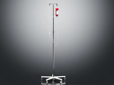 Medical IV Stand With Metal Frame Mobile Wheels And Red Infusion Bag 3d model
