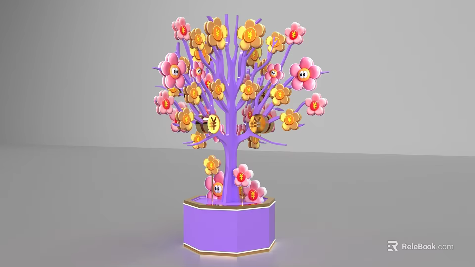 Vibrant Photo Spot With Purple Trunk Pink Yellow Flowers Smiley Faces And Purple Hexagonal Pot 3d model 