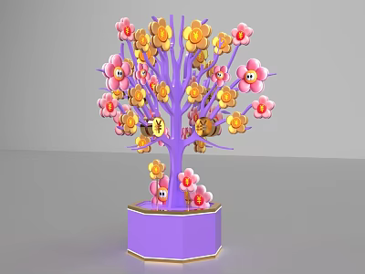 Vibrant Photo Spot With Purple Trunk Pink Yellow Flowers Smiley Faces And Purple Hexagonal Pot 3d model