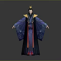 Ancient Game Movie Character in Blue Robe with Golden Crown Red Sash and Intricate Patterns