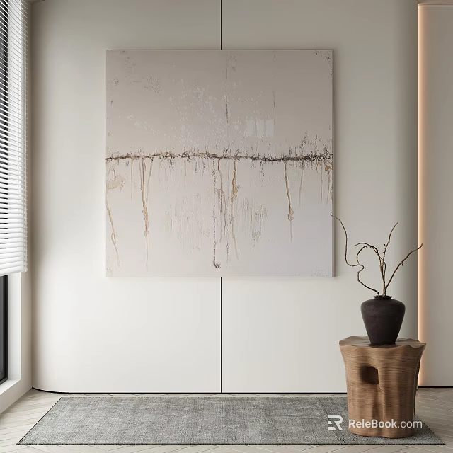Minimalist Abstract Painting on White Wall with Wooden Table Black Vase and Dried Branches 3d model 