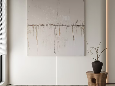 Minimalist Abstract Painting on White Wall with Wooden Table Black Vase and Dried Branches 3d model