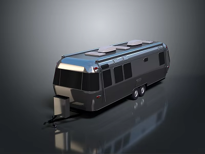 Silver Modern Travel Trailer with Solar Panels on Roof and Reflective Surface 3d model