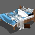 Comfortable Double Bed With Wooden Frame Blue Bedding And Patterned Pillows 3d model