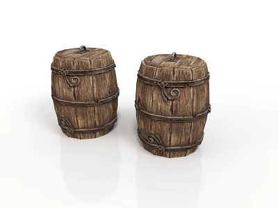 Vintage Wooden Barrels With Metal Hoops Decorative Rings And Textured Surface Design 3d model