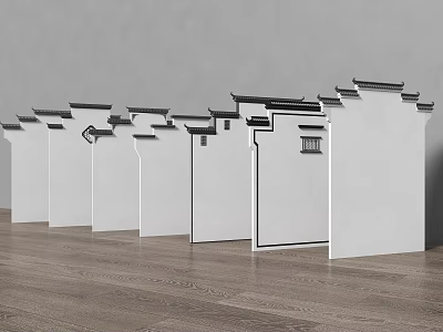 Minimalist White Chinese Architectural Components Featuring Black Tiles Eaves Gray Walls and Wooden Floor 3d model