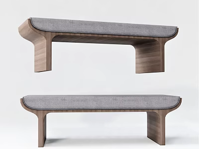 Modern Upholstered Bench With Gray Cushion And Walnut Wooden Frame Design 3d model