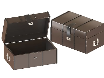 Brown Storage Trunks With Black Straps And Metal Locks One Open One Closed 3d model